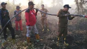 Tim DALKARHUTLA Dinas Kehutanan Kalteng memadamkan Karhutla di Tumbang Nusa Kabupaten Pulang Pisau.